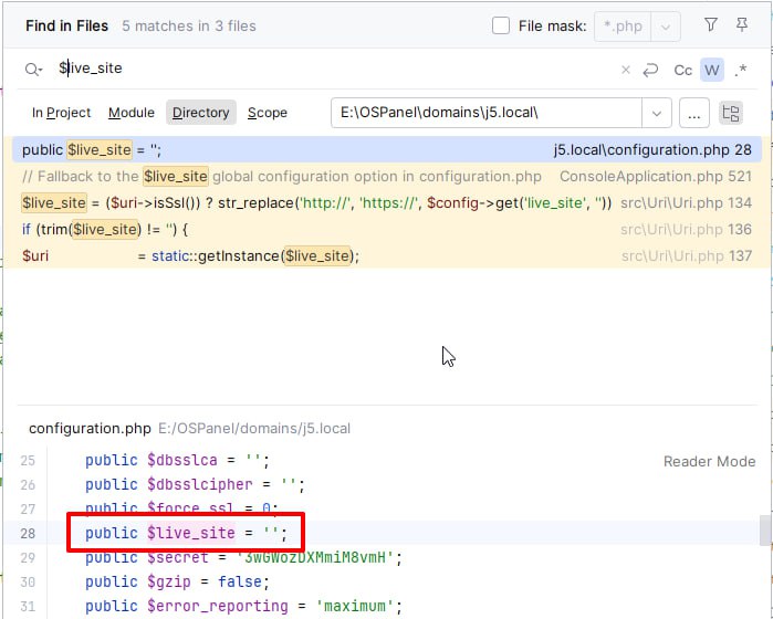 Загадочный параметр $live_site в configuration.php Joomla