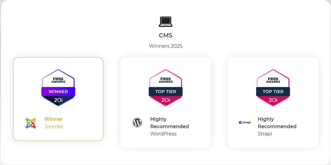 Joomla признана лучшей CMS 2025 в конкурсе 20i FOSS Awards