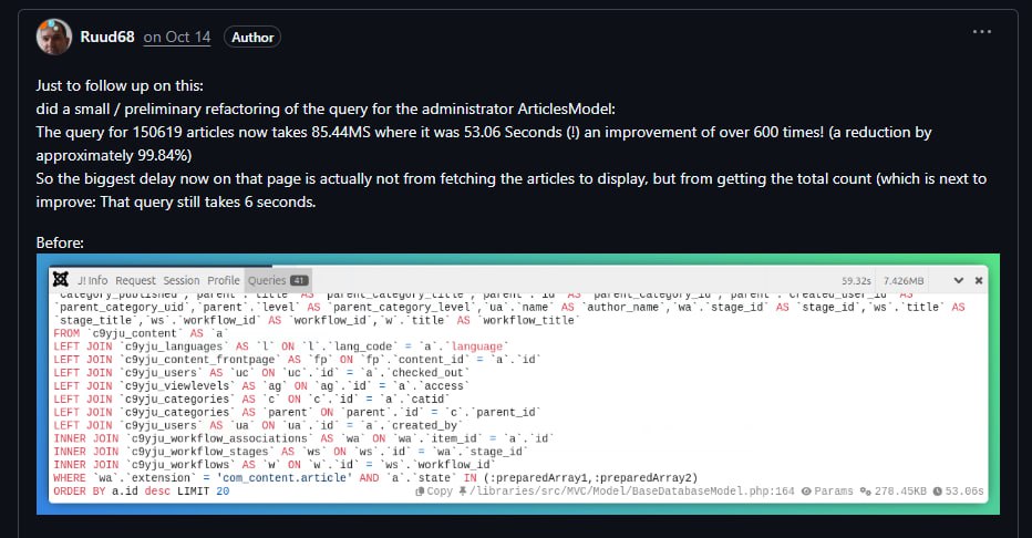 Человек на GitHub ускорил Joomla в 600 раз на объёме 150к+ материалов в 1700+ категориях