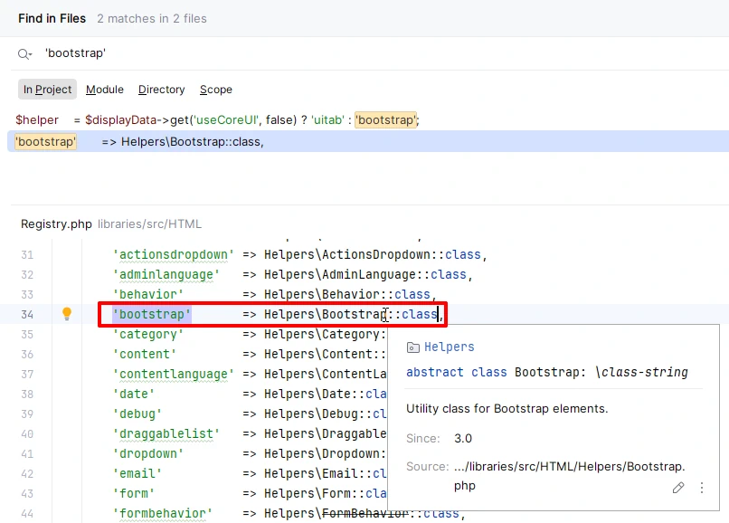 Класс HTMLHelper Bootstrap Joomla 5 скриншот в PHPStorm