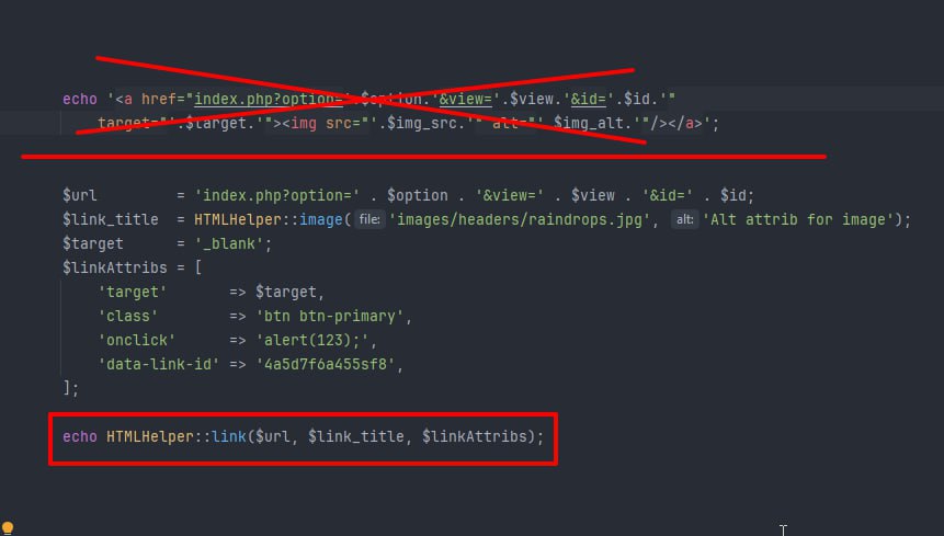 Совет по Joomla: использовать HTMLHelper для рендера ссылок, изображений и т.д.