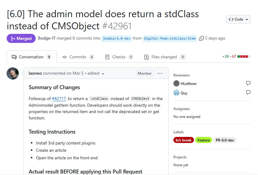 Подготовка расширений к Joomla 6: CMSObject  -&gt; stdClass