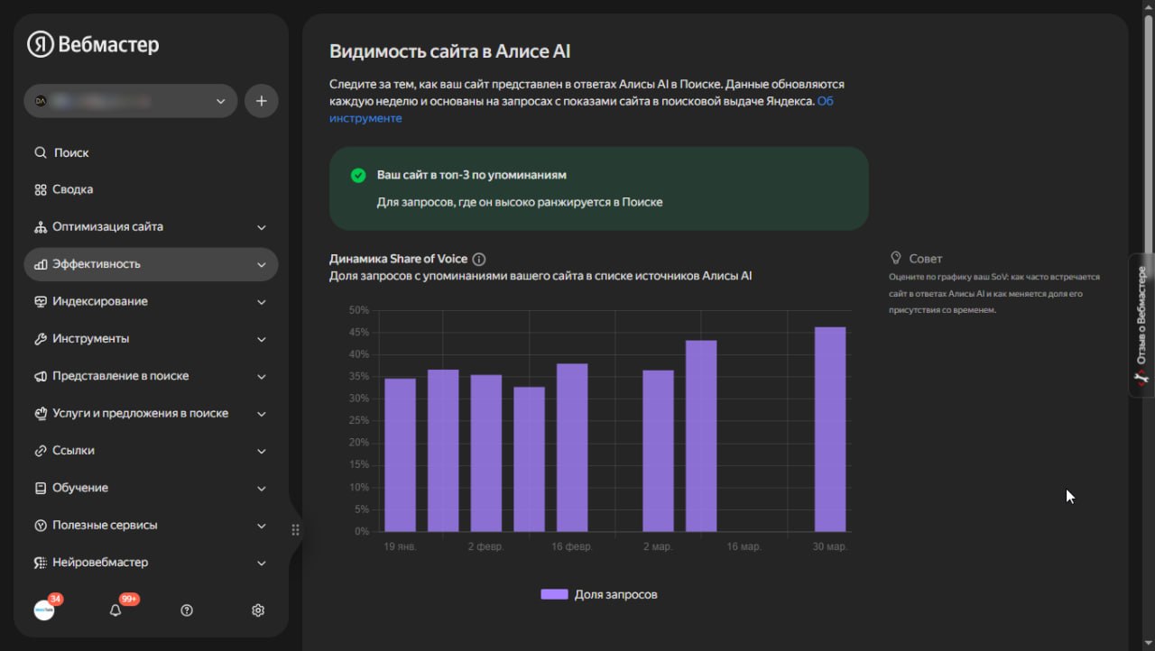 Яндекс выпустил инструмент Видимость сайта в Алисе AI.