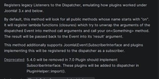 Метод registerListeners() в CMSPlugin в плагинах  планируется удалить в Joomla 7.0